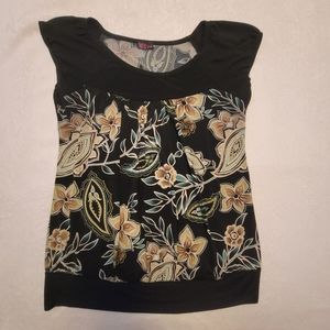 Agenda Women's Large Black Floral Paisley Top Cap Sleeve Round Neck